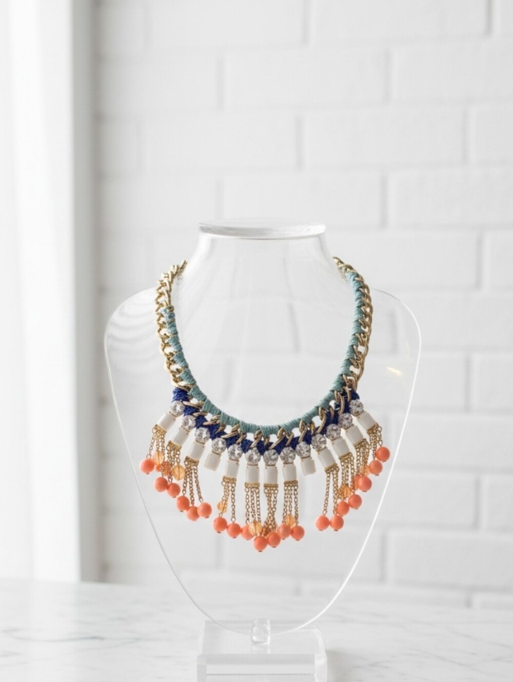 Gold-Tone Bib Necklace with Blue, White & Coral Accents